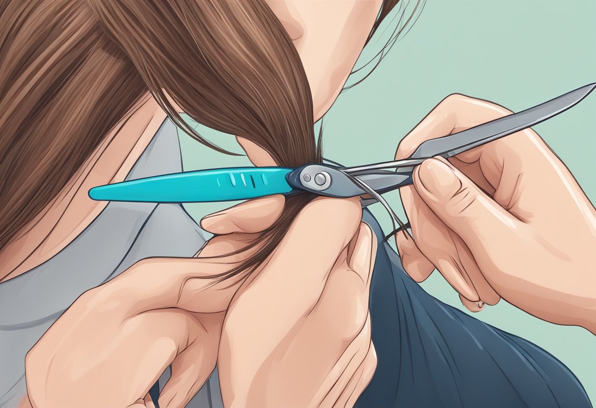 A person carefully cutting gum out of hair with scissors