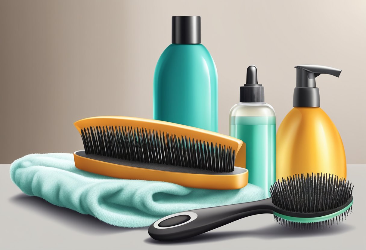 A hairbrush with gum stuck in the bristles, a bottle of hair treatment, and a towel for aftercare