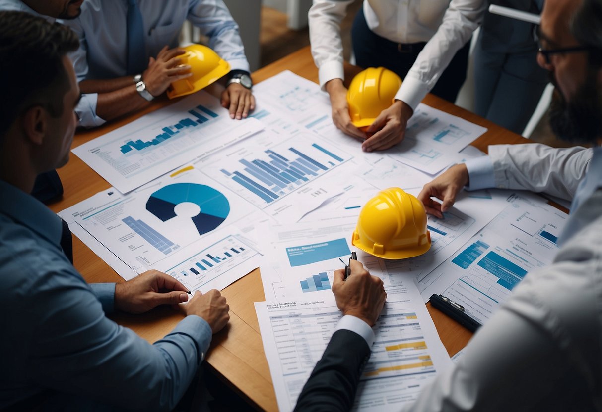 Contractors discussing home loan options with a financial advisor. Blueprints and documents scattered on the table. Charts and graphs projected on the wall