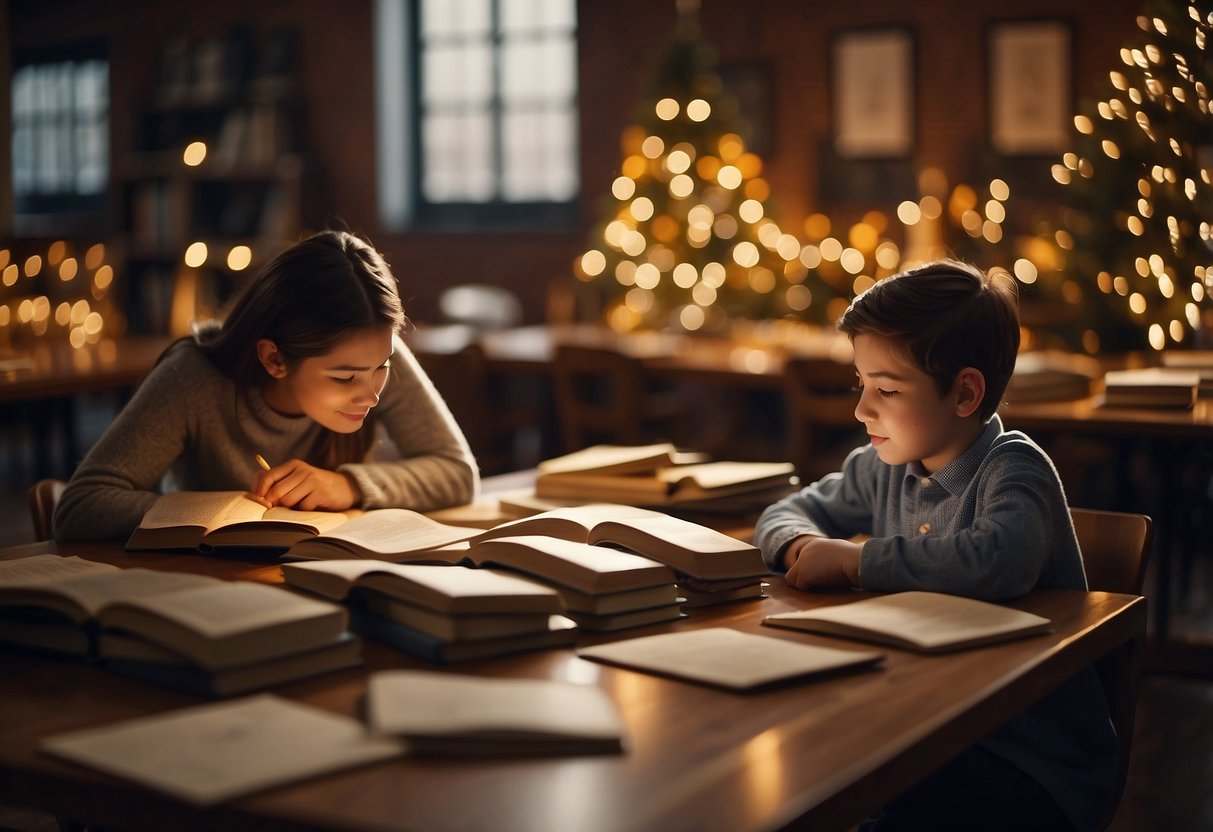 Students engage in reading and writing activities post-Christmas break. Books, pencils, and paper are scattered on desks. A cozy atmosphere with warm lighting and decorations