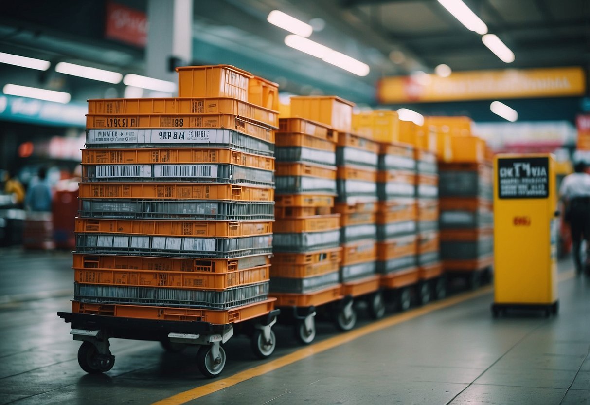 A stack of shipping carts with promotional signs in a bustling Singapore market