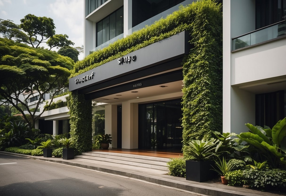 A boutique hotel in Singapore offers promotions. The exterior shows a modern building with a sleek sign and lush greenery. A welcoming entrance invites guests inside
