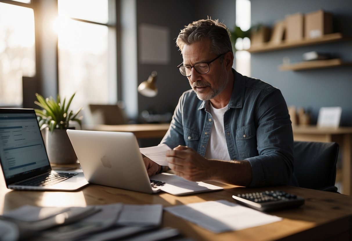 A contractor reviews a FAQ page on a laptop, with a stack of paperwork and a calculator nearby. The room is well-lit and organized, with a cup of coffee on the desk