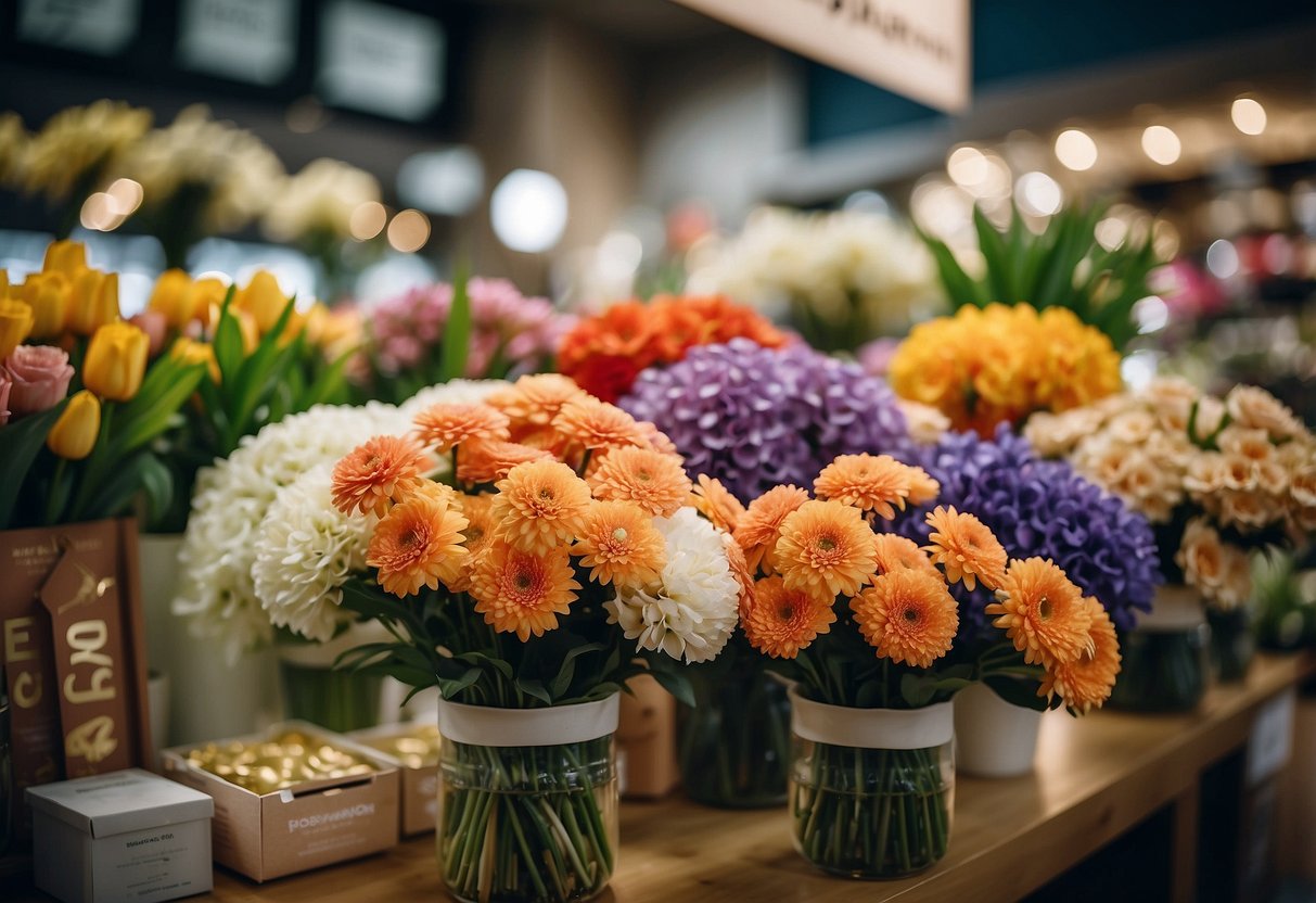 Vibrant flowers arranged in a variety of bouquets, adorned with promotional banners and discounts, displayed in a Singaporean flower shop