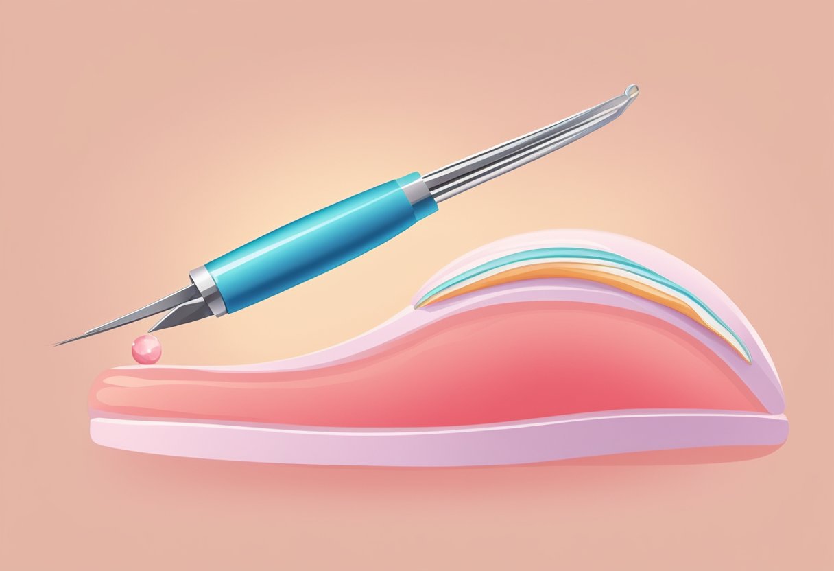 A pair of tweezers plucks out an ingrown hair from a red, irritated bump on the skin