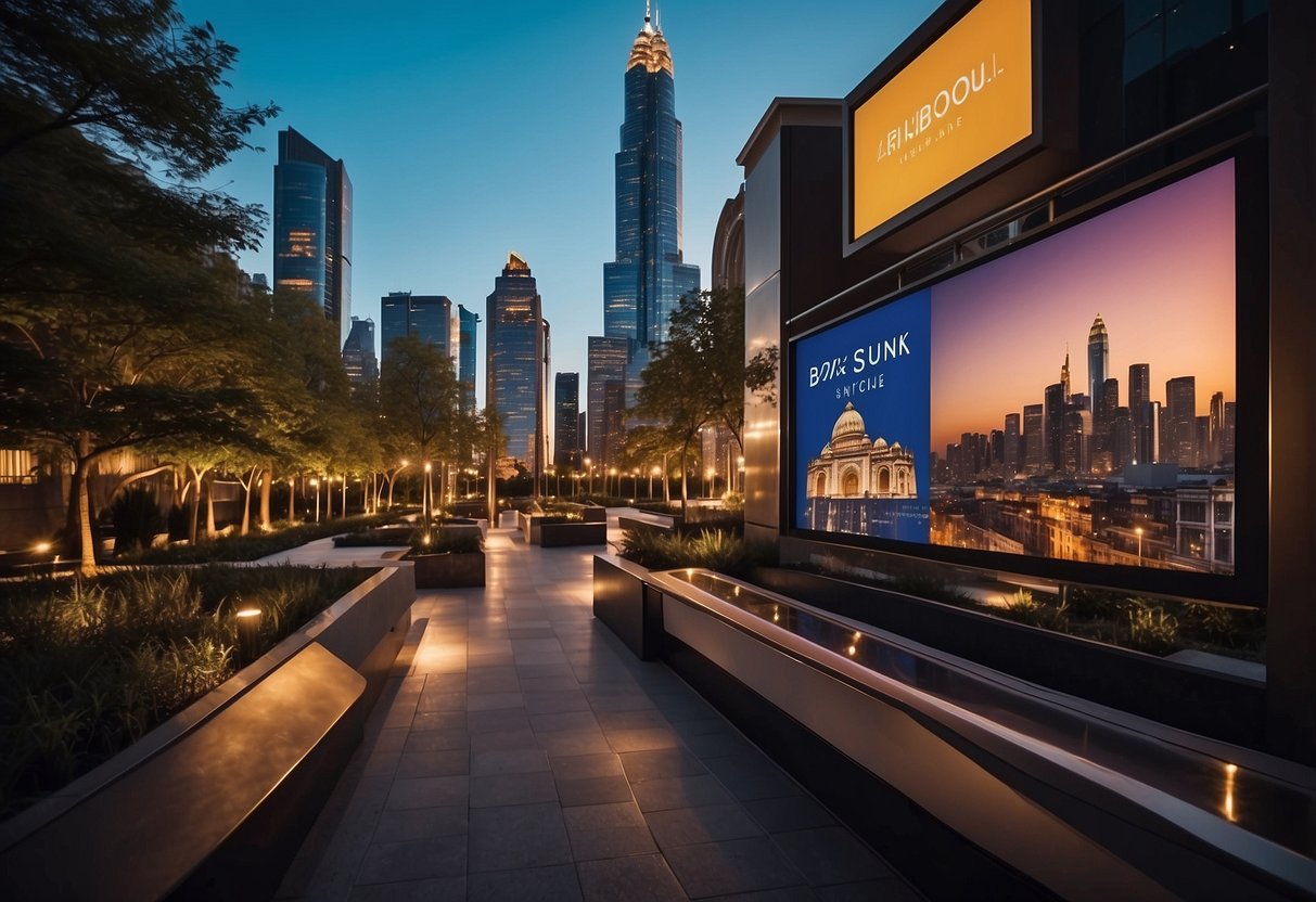 A vibrant city skyline with a luxurious boutique hotel in the foreground, showcasing promotional banners and signs