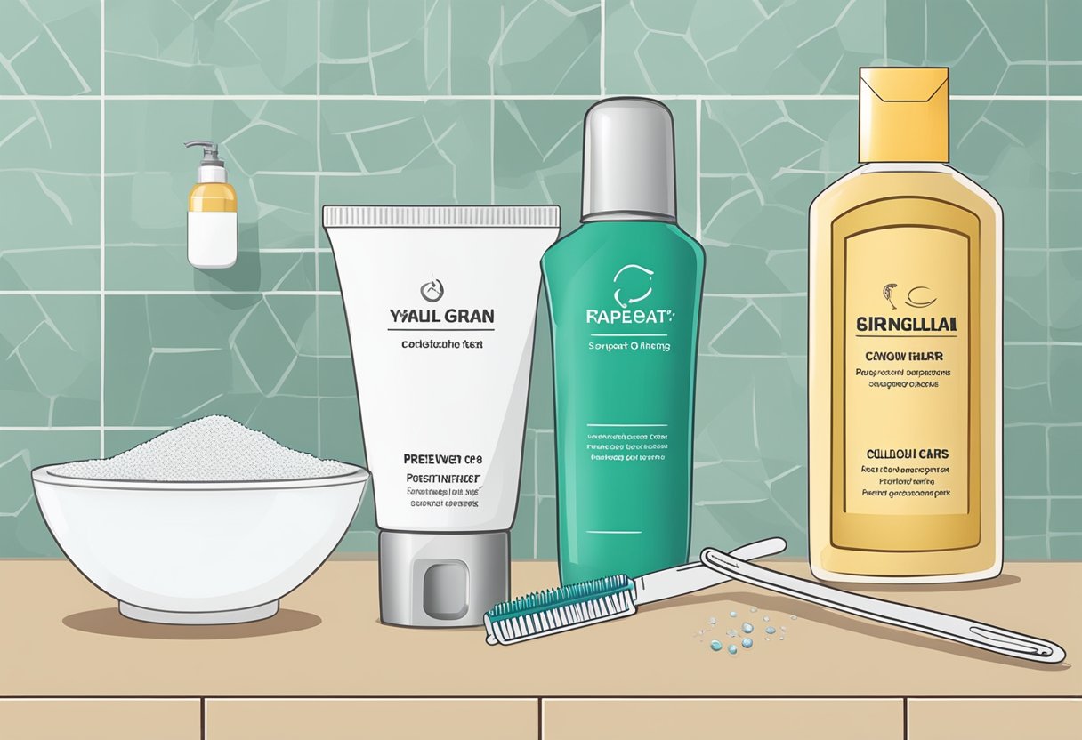 A bottle of exfoliating scrub sits next to a razor and tweezers on a bathroom counter, with a diagram showing the steps to prevent ingrown hairs