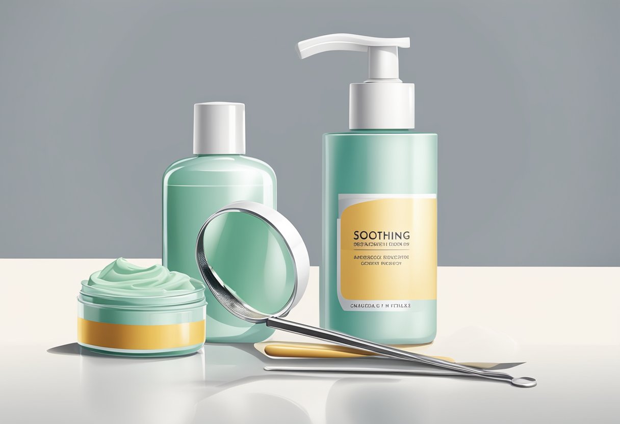A bottle of soothing lotion beside tweezers and a magnifying mirror on a clean, white surface