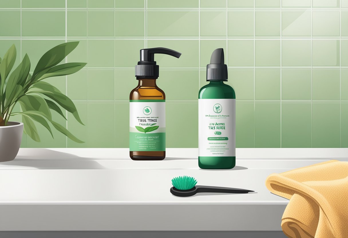 A bottle of tea tree oil sits on a bathroom counter next to a pair of tweezers and a warm washcloth. A diagram of how to remove ingrown hairs is pinned to the wall