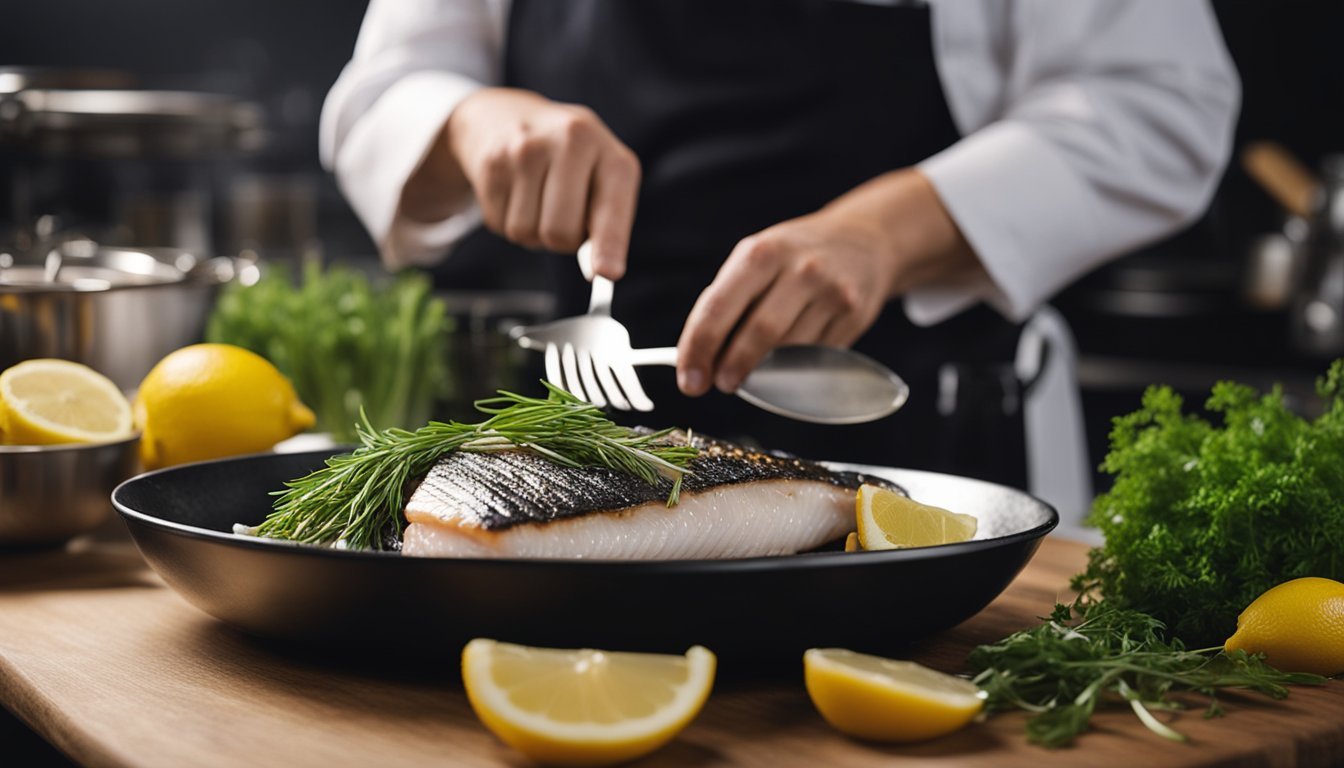 A chef seasons and grills the dory fish, garnishing with fresh herbs and lemon slices. Ingredients and utensils are neatly arranged on the kitchen counter