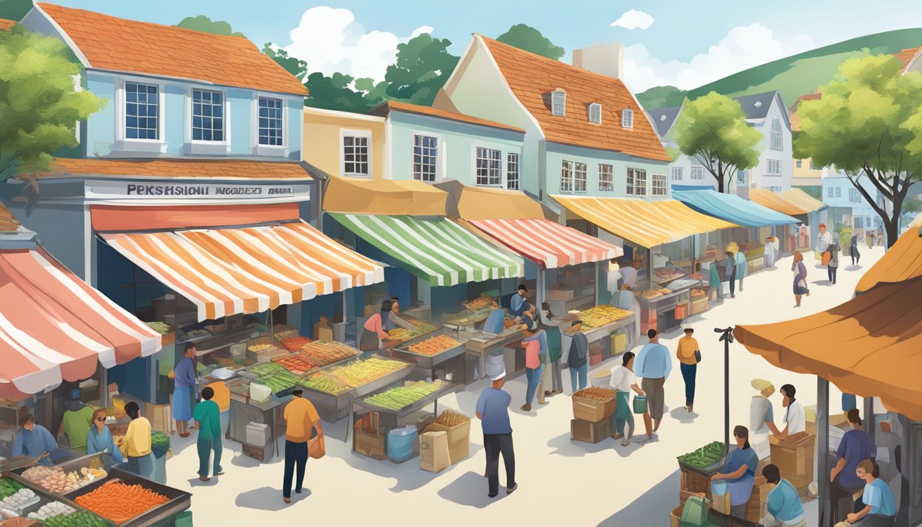 A bustling street market with colorful stalls selling fresh fish and noodles in Dover Village