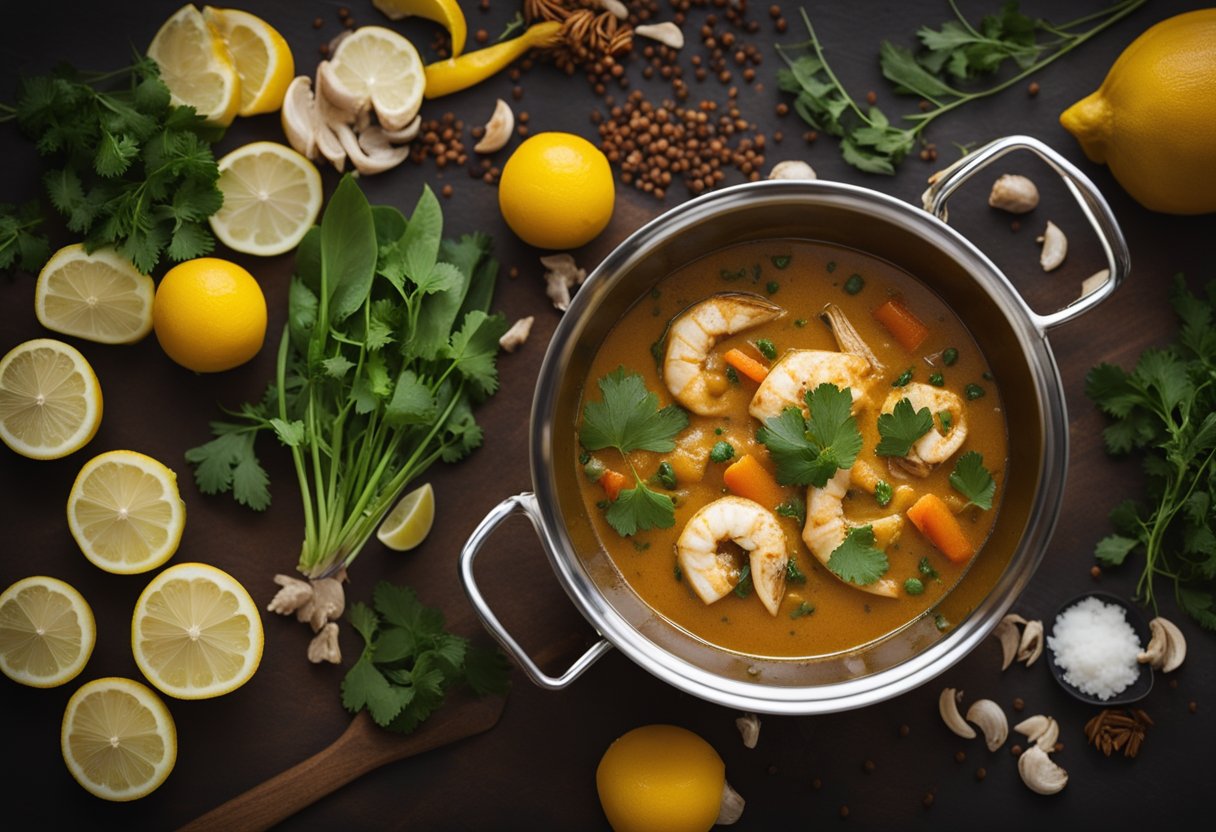 A pot simmering on a stove with aromatic spices, chunks of fish, and creamy coconut milk, creating a rich and flavorful fish curry