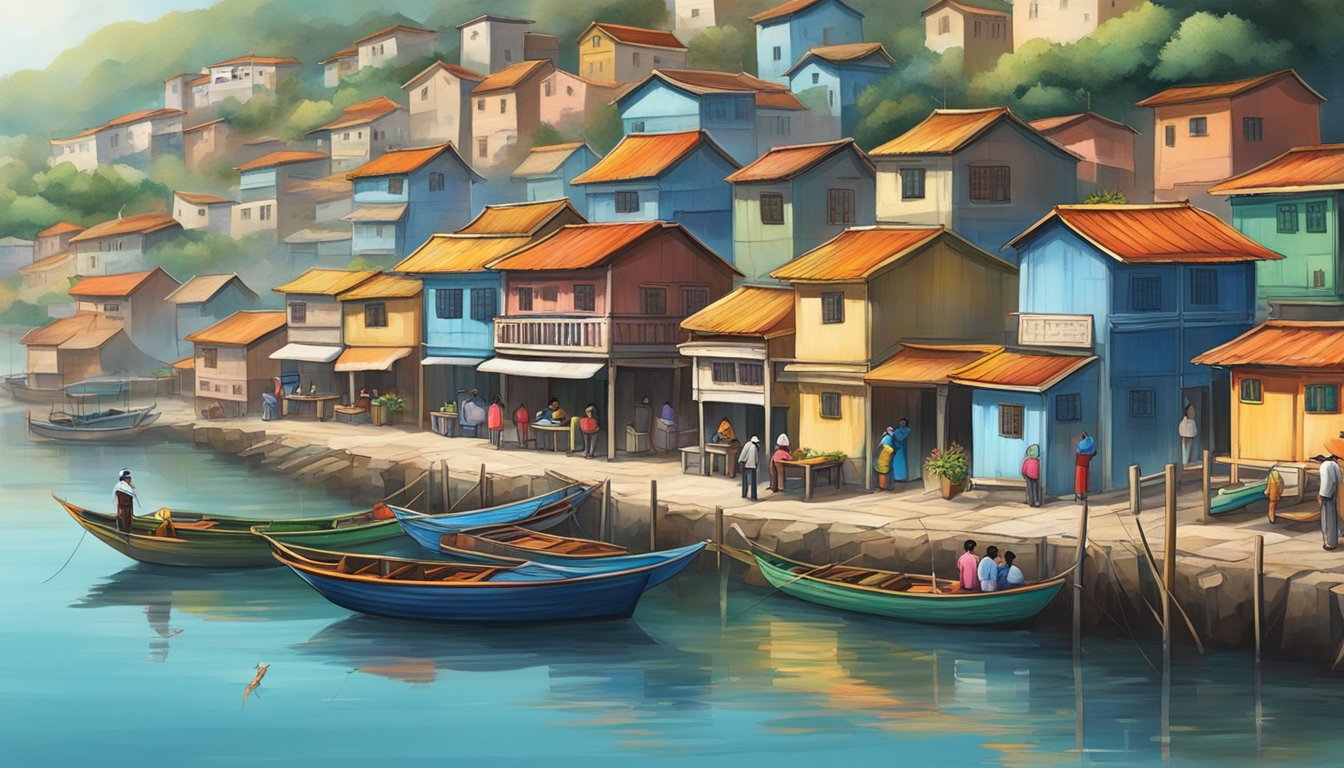 A bustling fishing village with colorful houses overlooks a tranquil bay where fishing boats are anchored. The aroma of steaming fish head bee hoon wafts from the local eatery, enticing passersby