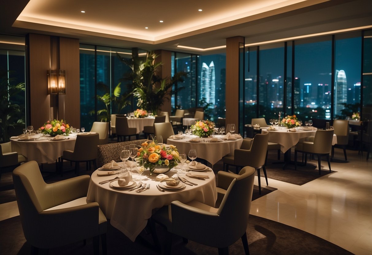 Guests enjoying gourmet meals and spa treatments at a luxurious boutique hotel in Singapore. Vibrant colors and elegant decor create a serene and indulgent atmosphere