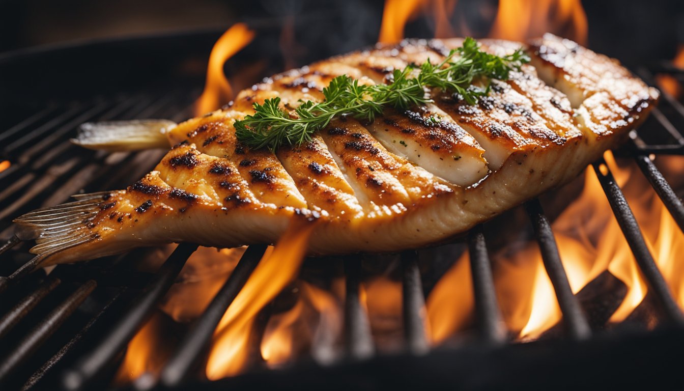 A dory fish being seasoned and grilled over an open flame, with a chef basting it with a savory glaze