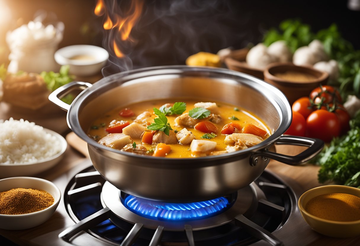 A pot simmering on a stove with chunks of fish, coconut milk, tomatoes, and aromatic spices like turmeric, cumin, and coriander