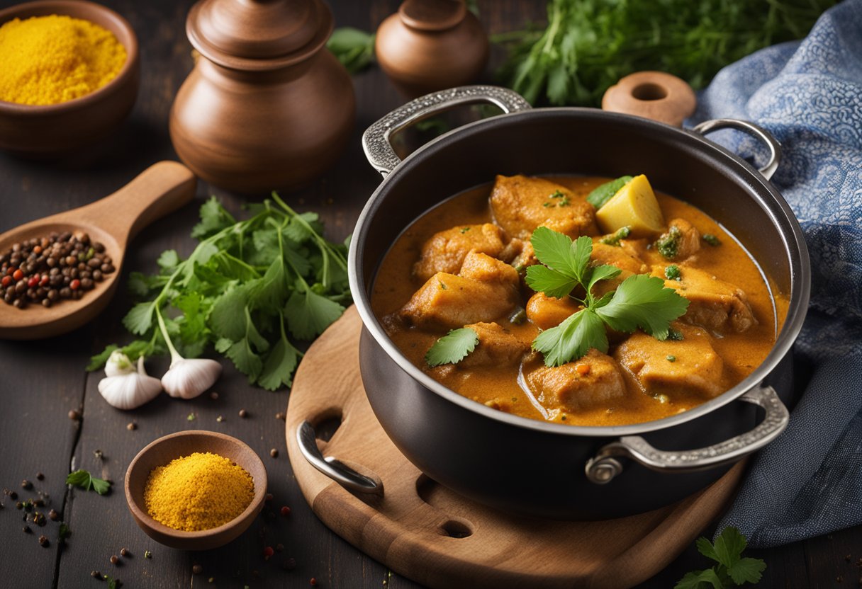 A pot simmering with fish curry, surrounded by spices and herbs on a wooden cutting board