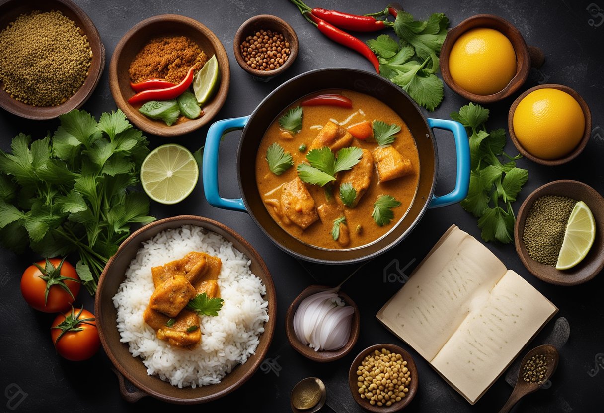 A pot of simmering fish curry with aromatic spices and herbs, surrounded by bowls of fresh ingredients and a recipe book open to the "Frequently Asked Questions" page