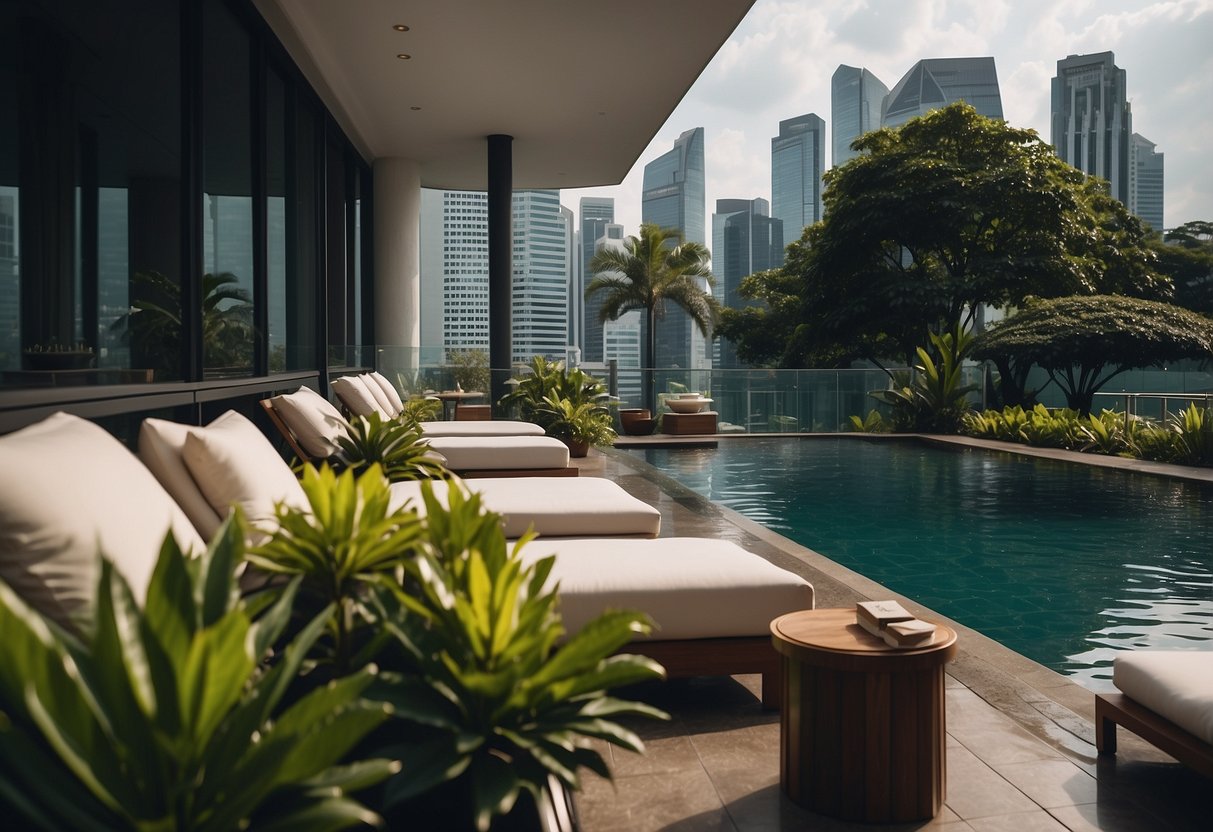 A luxury hotel in Singapore offers staycation promotions, with a poolside view, city skyline, and a cozy room with modern amenities