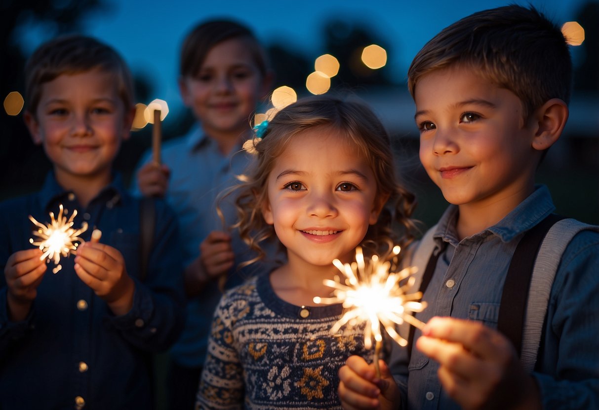 Children playing with sparklers, blowing party horns, and watching colorful fireworks in the night sky