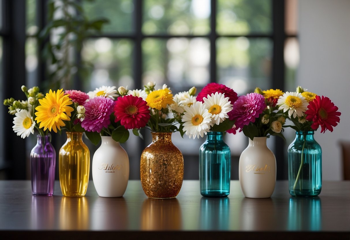 A colorful array of flowers arranged in various vases, each labeled with different milestones such as birthdays, anniversaries, and graduations