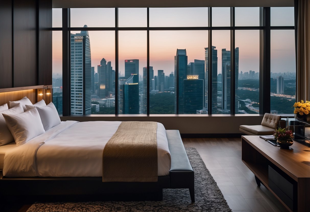 A luxurious hotel room in Singapore with a view of the city skyline, featuring a plush bed, modern furnishings, and a sparkling bathroom with upscale amenities