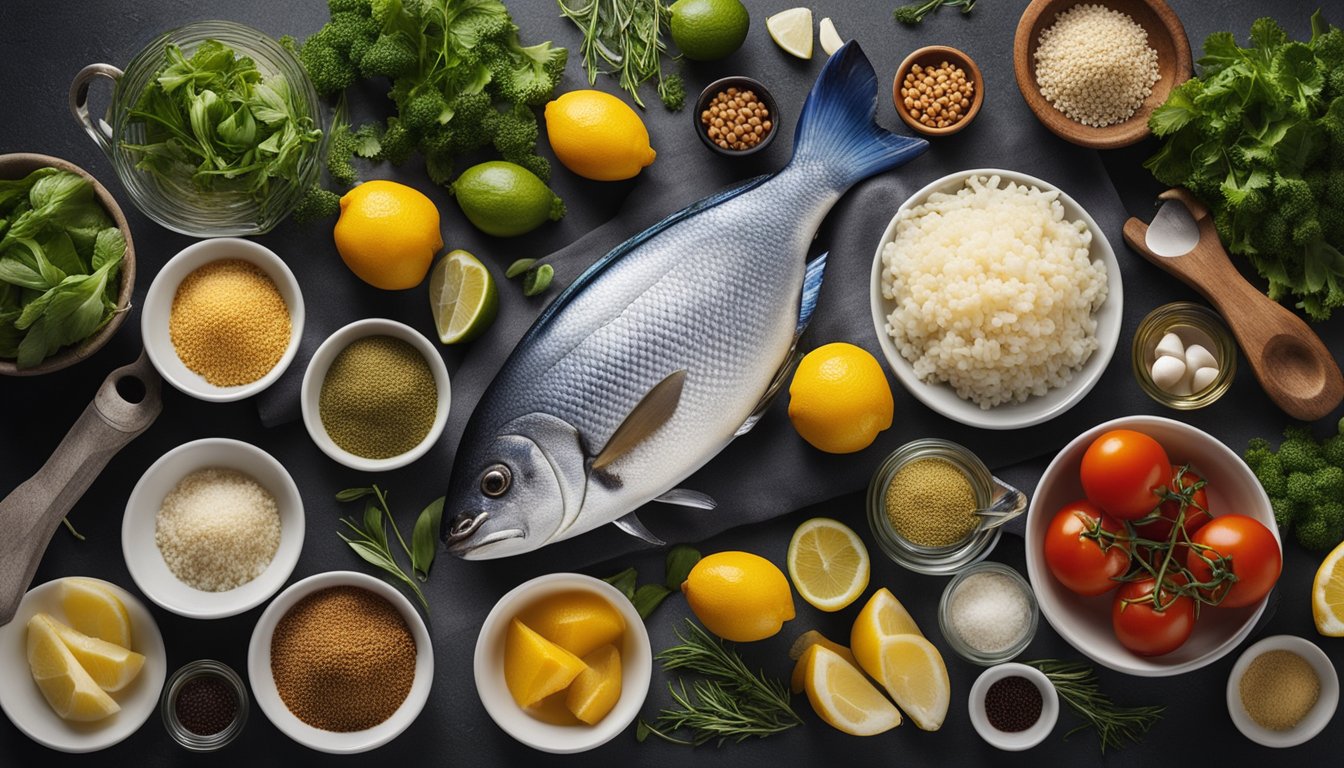 A dory fish surrounded by ingredients and cooking utensils for a recipe