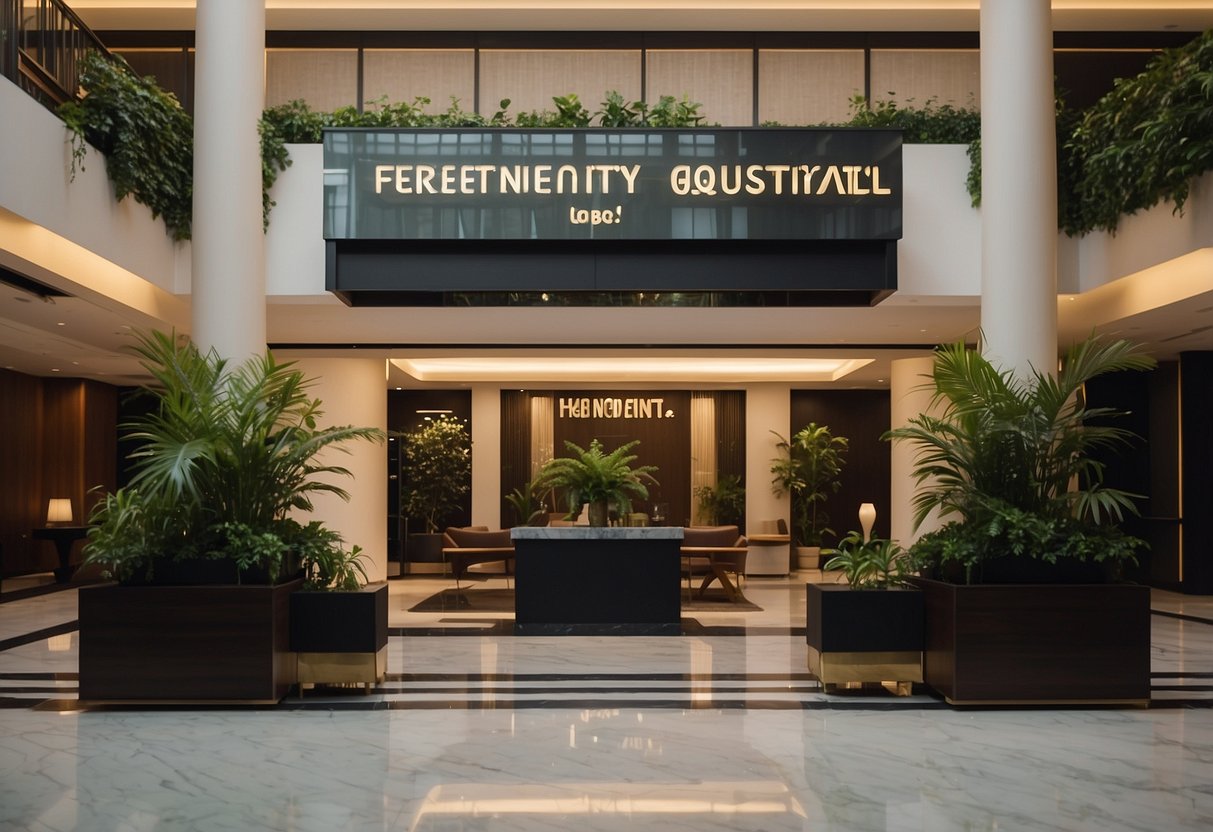 A boutique hotel in Singapore displays a sign for "Frequently Asked Questions" about promotions. The sign is prominently placed in the hotel lobby, with modern and stylish decor surrounding it