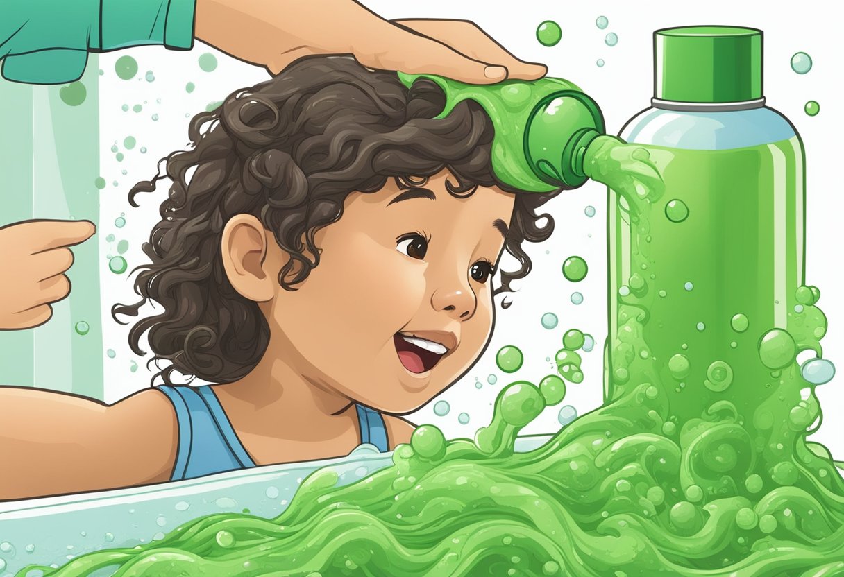 A bottle of shampoo squirting onto a tangle of green slime in a child's hair, with bubbles forming as the slime is being washed out