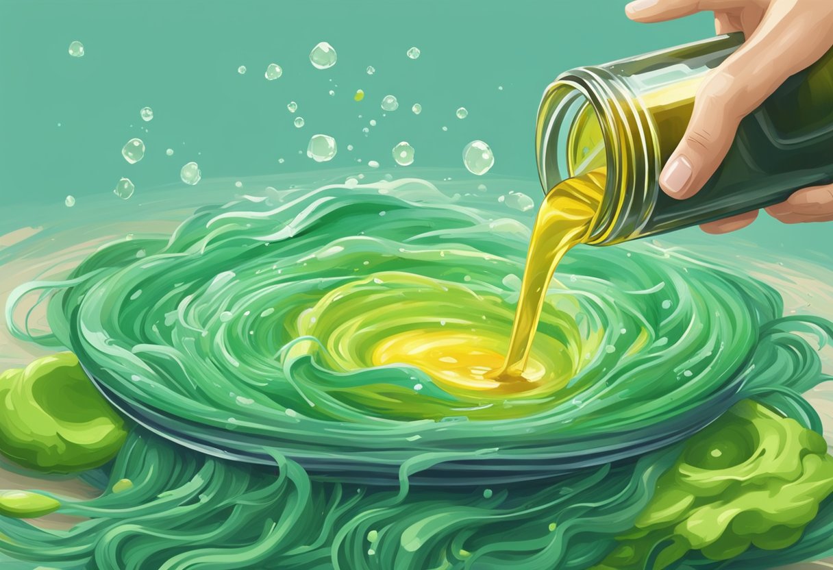 A bottle of oil being poured onto a tangled mess of slime-covered hair, followed by gentle combing and rinsing under running water