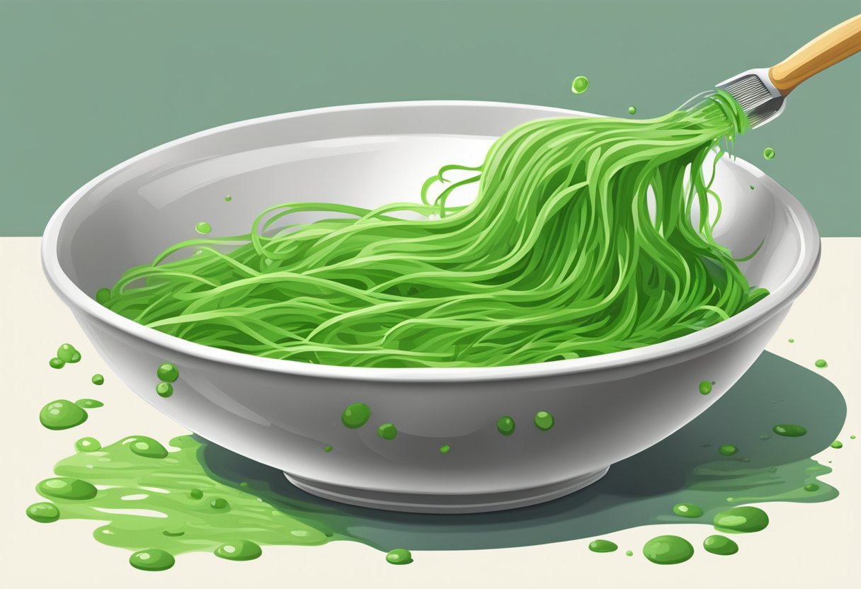 A bowl of vinegar and a comb beside a tangled mass of hair with green slime stuck in it