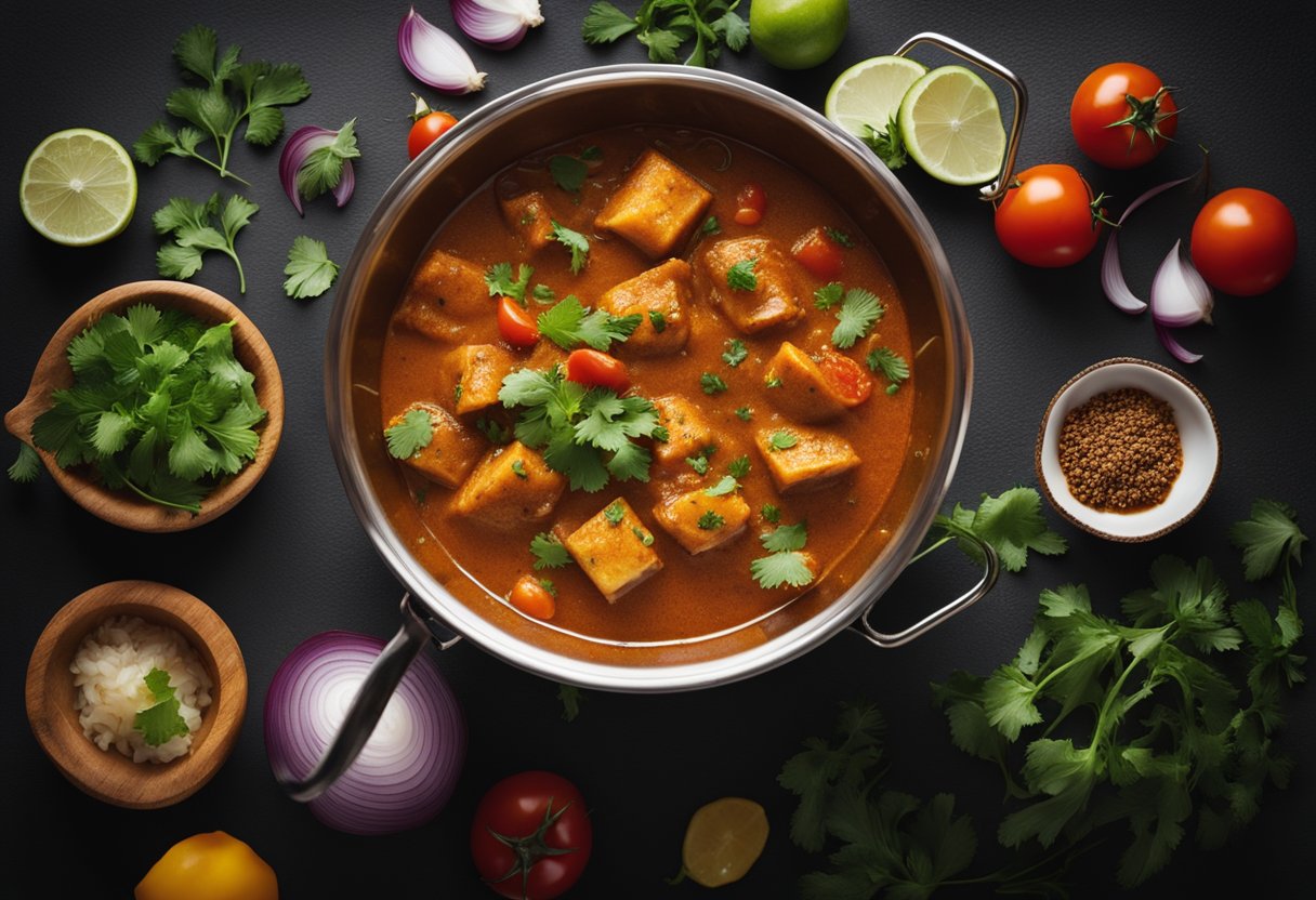 A pot simmers with vibrant spices and chunks of fish in a rich, fragrant curry sauce. Surrounding ingredients like tomatoes, onions, and cilantro add to the colorful and aromatic scene