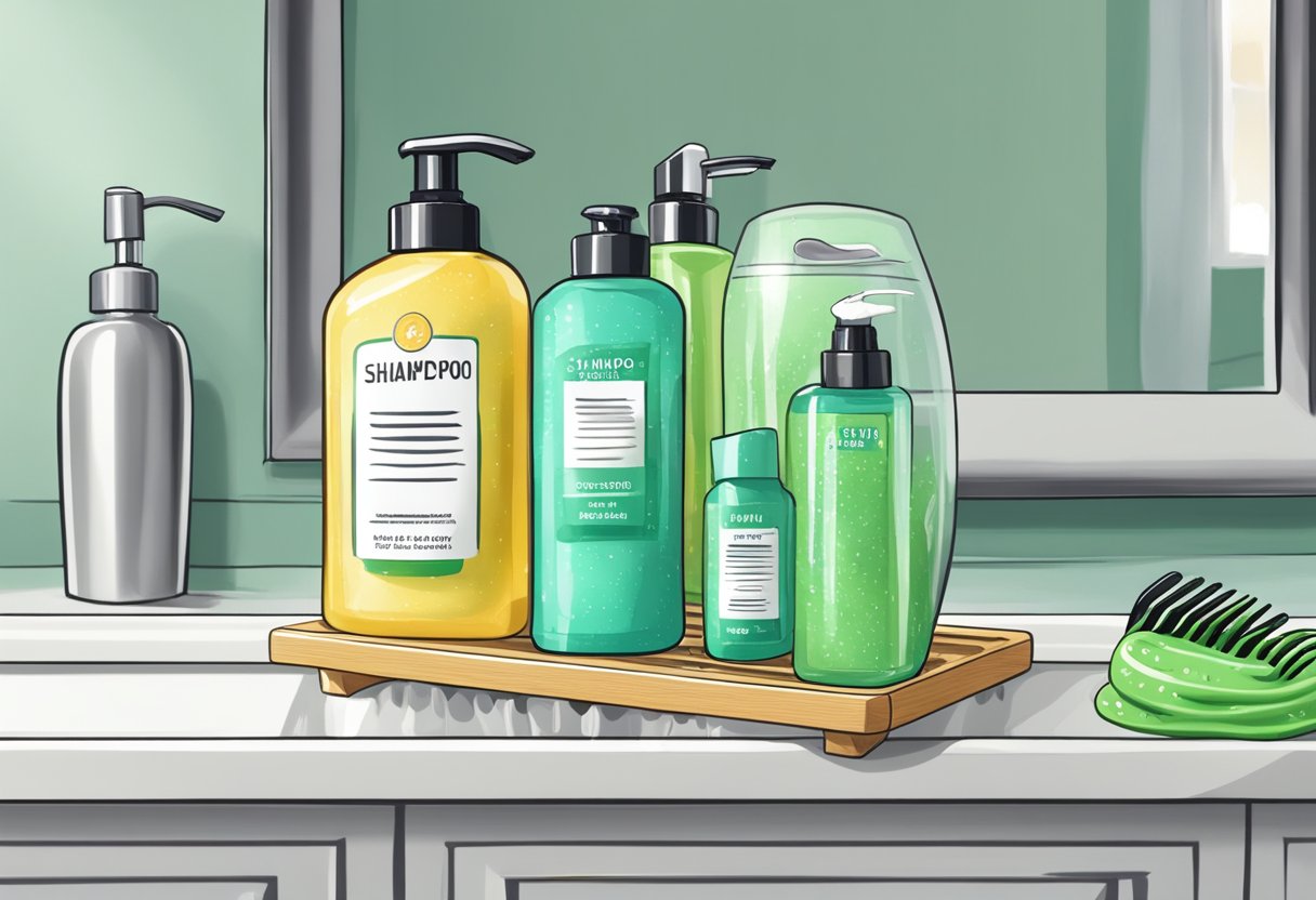 A bottle of shampoo and a wide-tooth comb on a bathroom counter, with a tangled clump of slime-covered hair