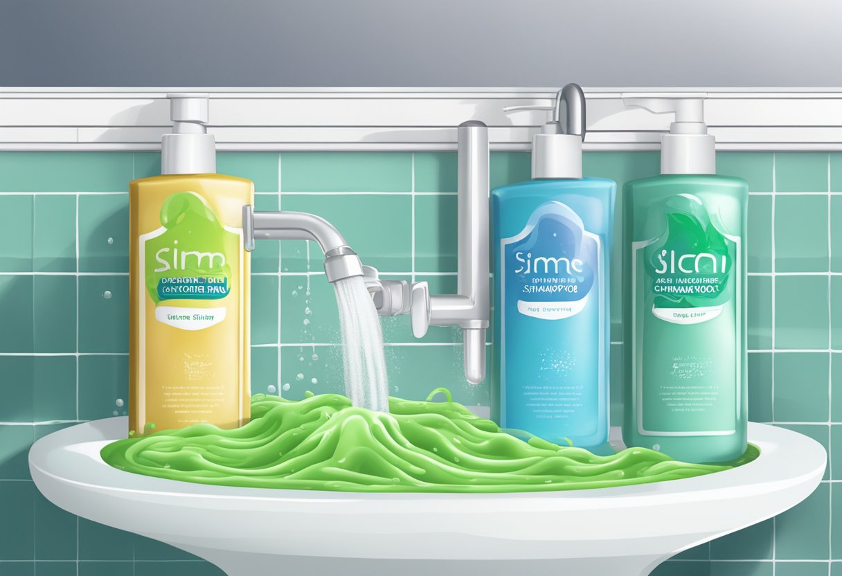 A bottle of shampoo and conditioner next to a sink with strands of slime-covered hair being rinsed under running water