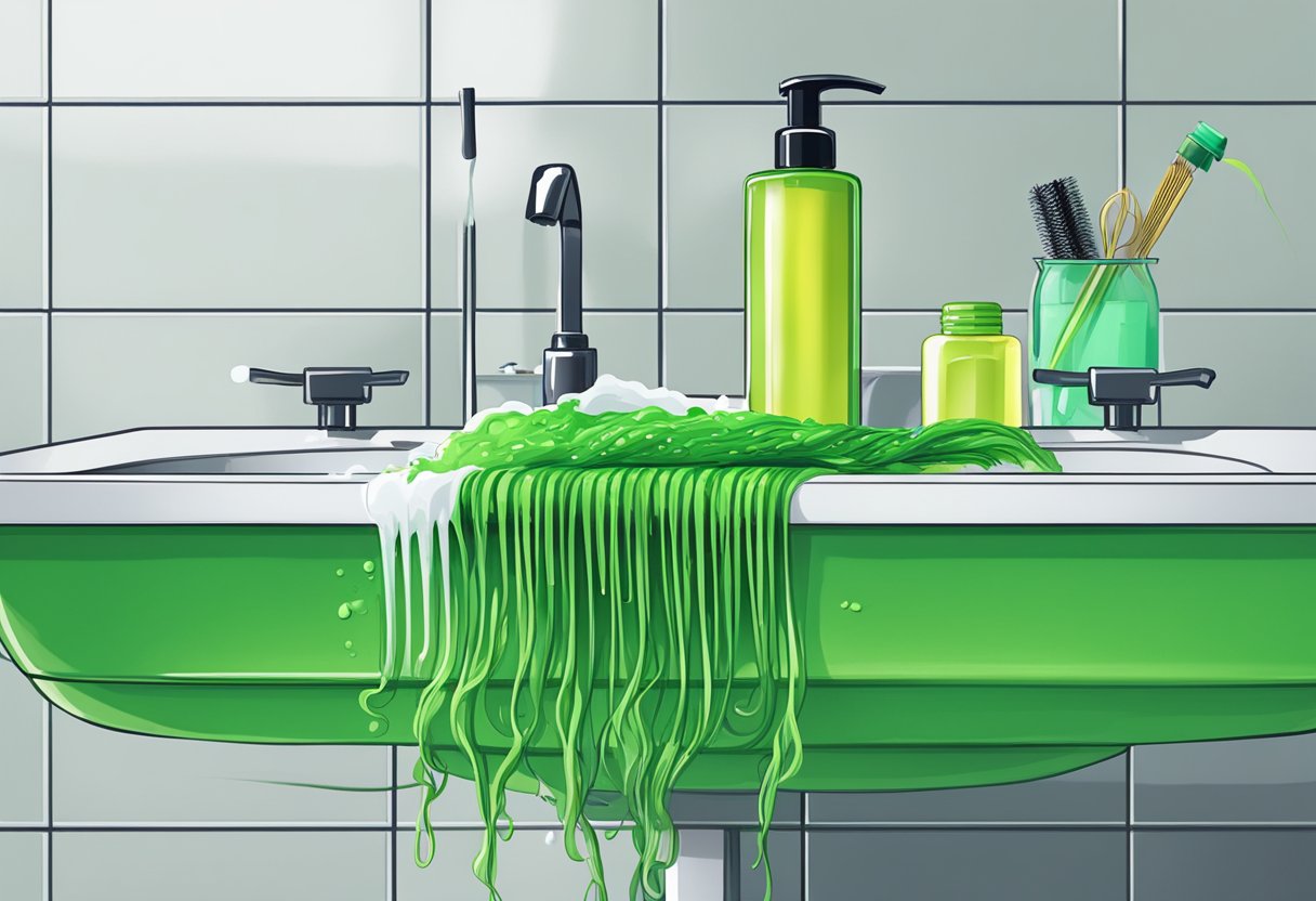 A bottle of shampoo and a comb sit next to a sink, with strands of hair tangled in green slime