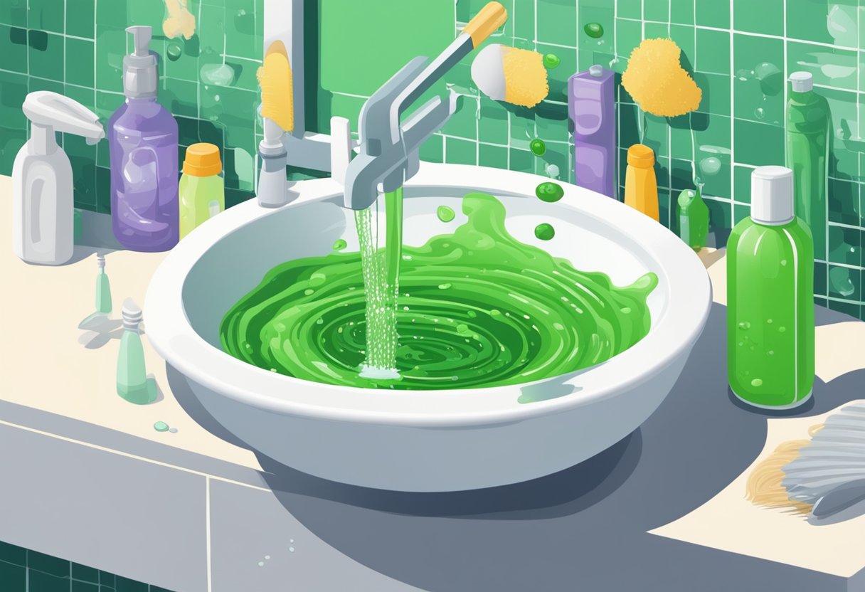 A sink with running water, a bottle of shampoo, and a comb on the counter. A tangled mess of green slime stuck in the hair