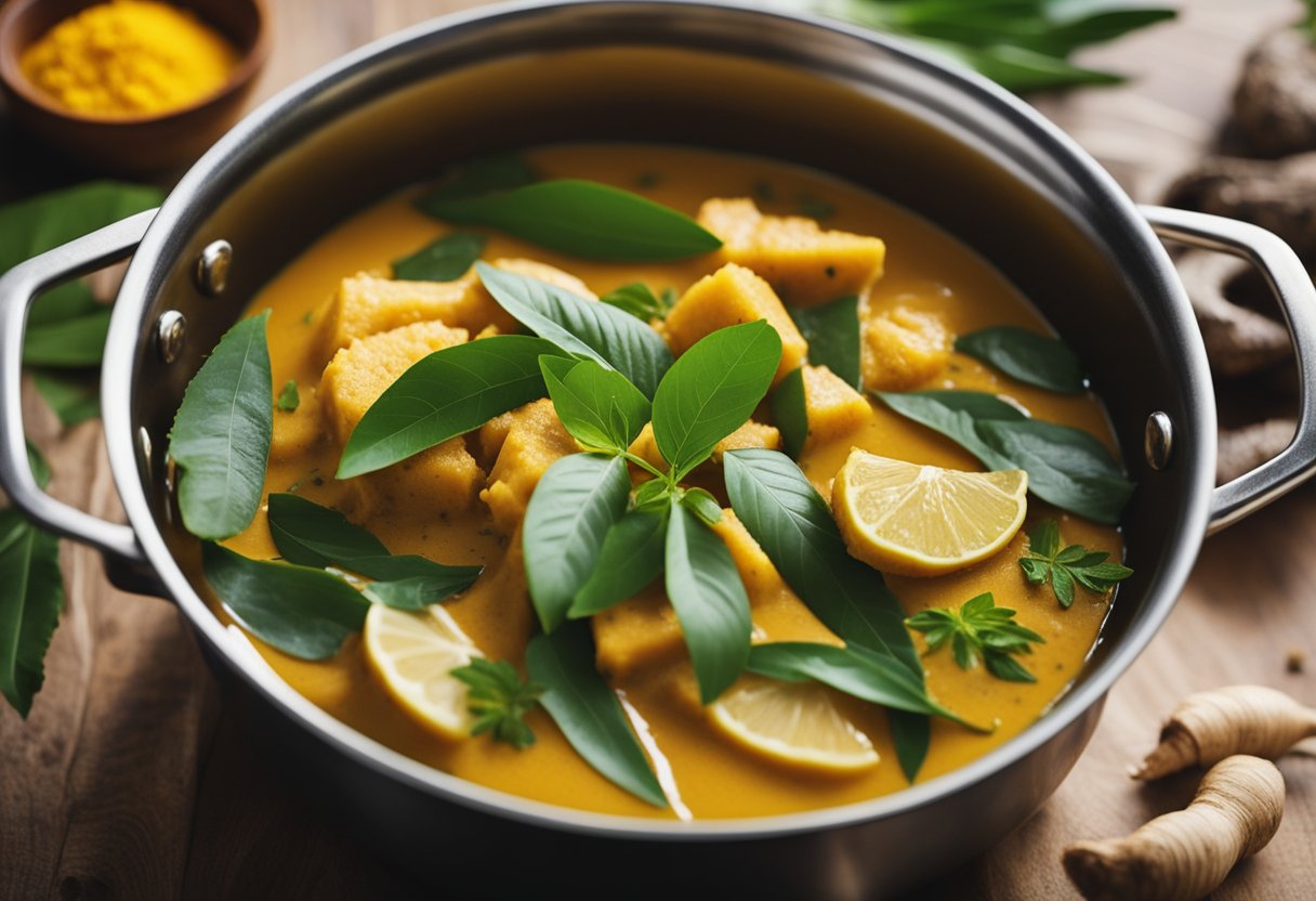 A pot simmering fish, coconut milk, and aromatic spices on a stovetop. A bowl of curry leaves, turmeric, and ginger nearby