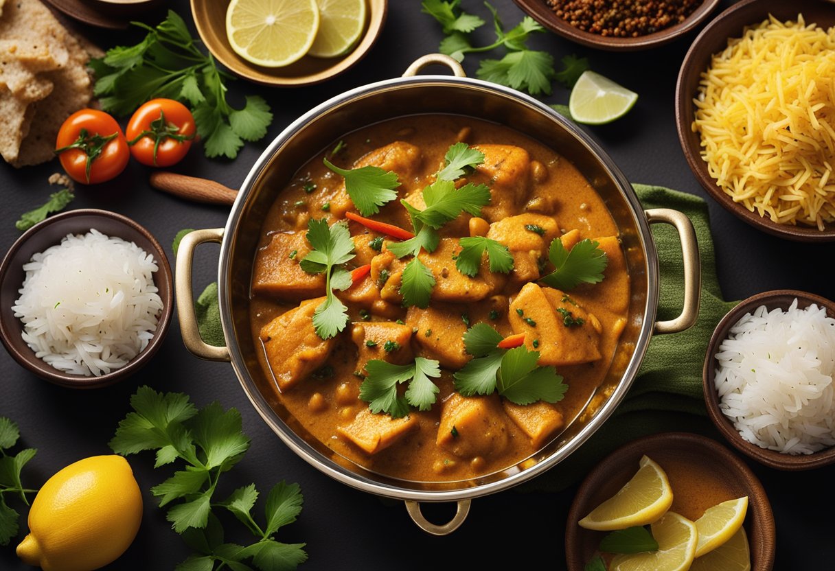 A steaming pot of fish curry with aromatic Indian spices, surrounded by bowls of fragrant rice and vibrant garnishes