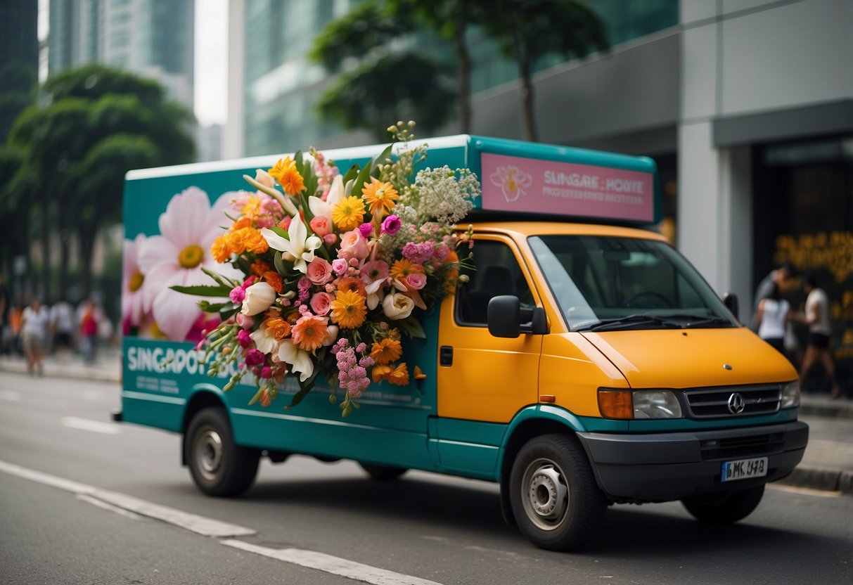 A colorful bouquet of flowers sits atop a sleek, modern delivery van, with a banner promoting Singapore flower delivery promotions