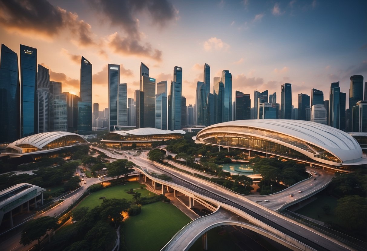 A bustling cityscape with iconic Singapore attractions in the background, featuring prominent hotel staycation promotions displayed across the skyline