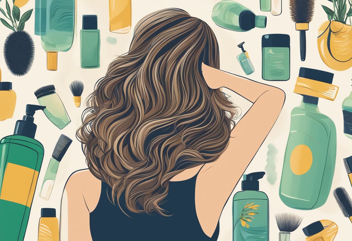 A woman's hair surrounded by bottles of hair products and a hairbrush, with a plant growing rapidly in the background