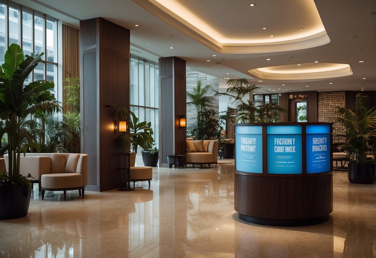 A hotel lobby with a prominent "Frequently Asked Questions" sign, surrounded by promotional materials for staycation deals in Singapore