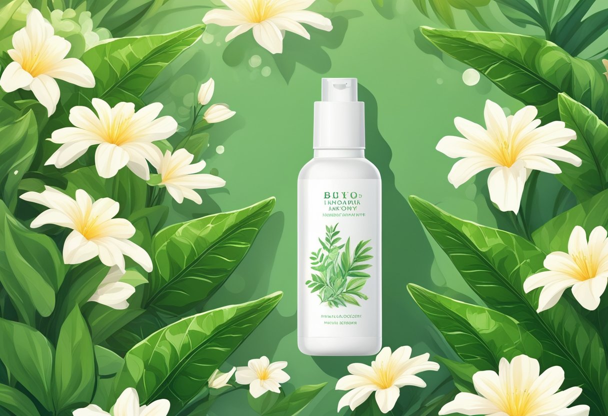 A bottle of hair growth serum surrounded by lush green plants and blooming flowers. Rays of sunlight shining down on the scene, highlighting the product's effectiveness in promoting fast hair growth