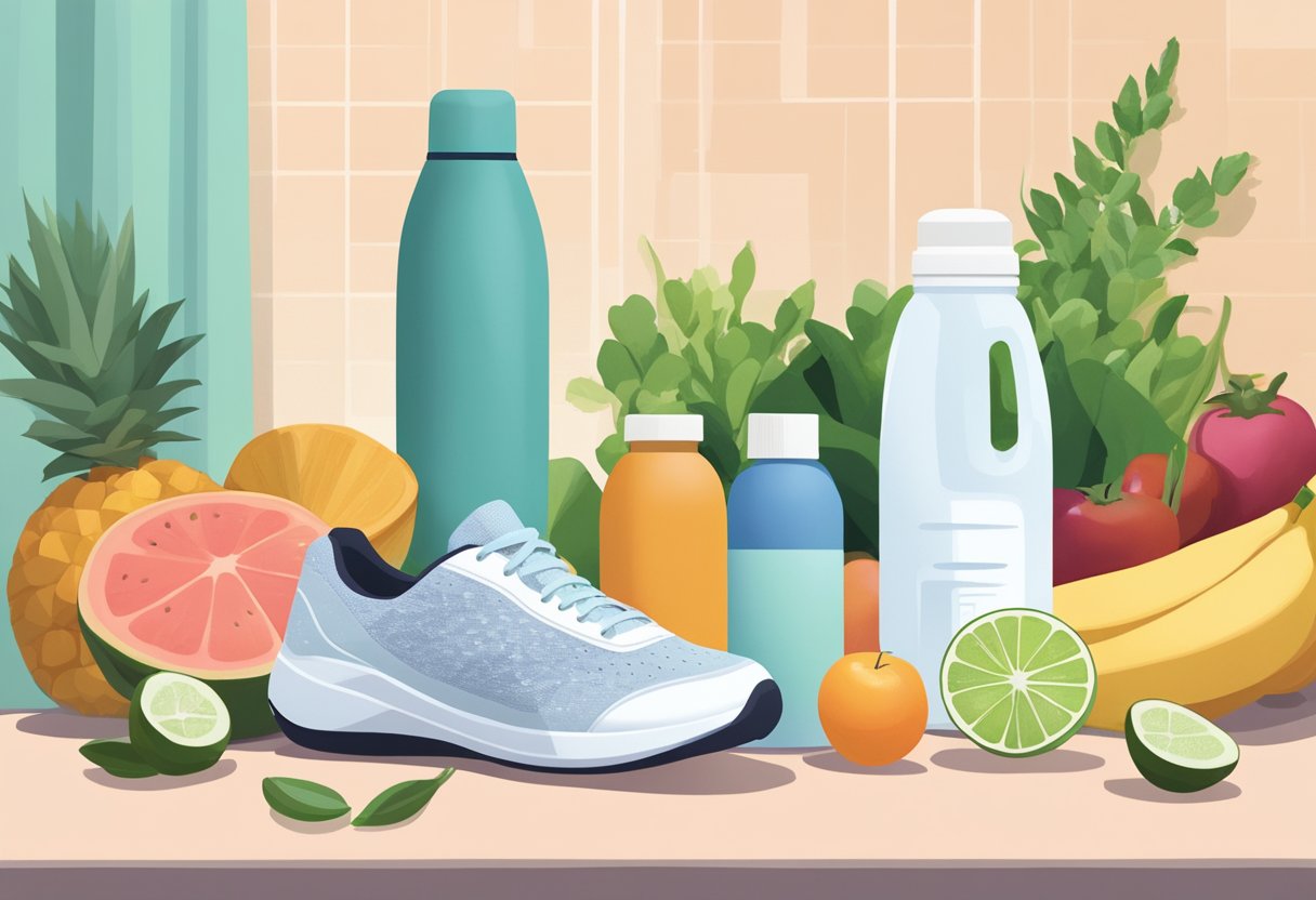 A bottle of hair growth serum sits on a bathroom counter, surrounded by healthy foods, vitamins, and a water bottle. A yoga mat and running shoes are nearby, suggesting a commitment to exercise