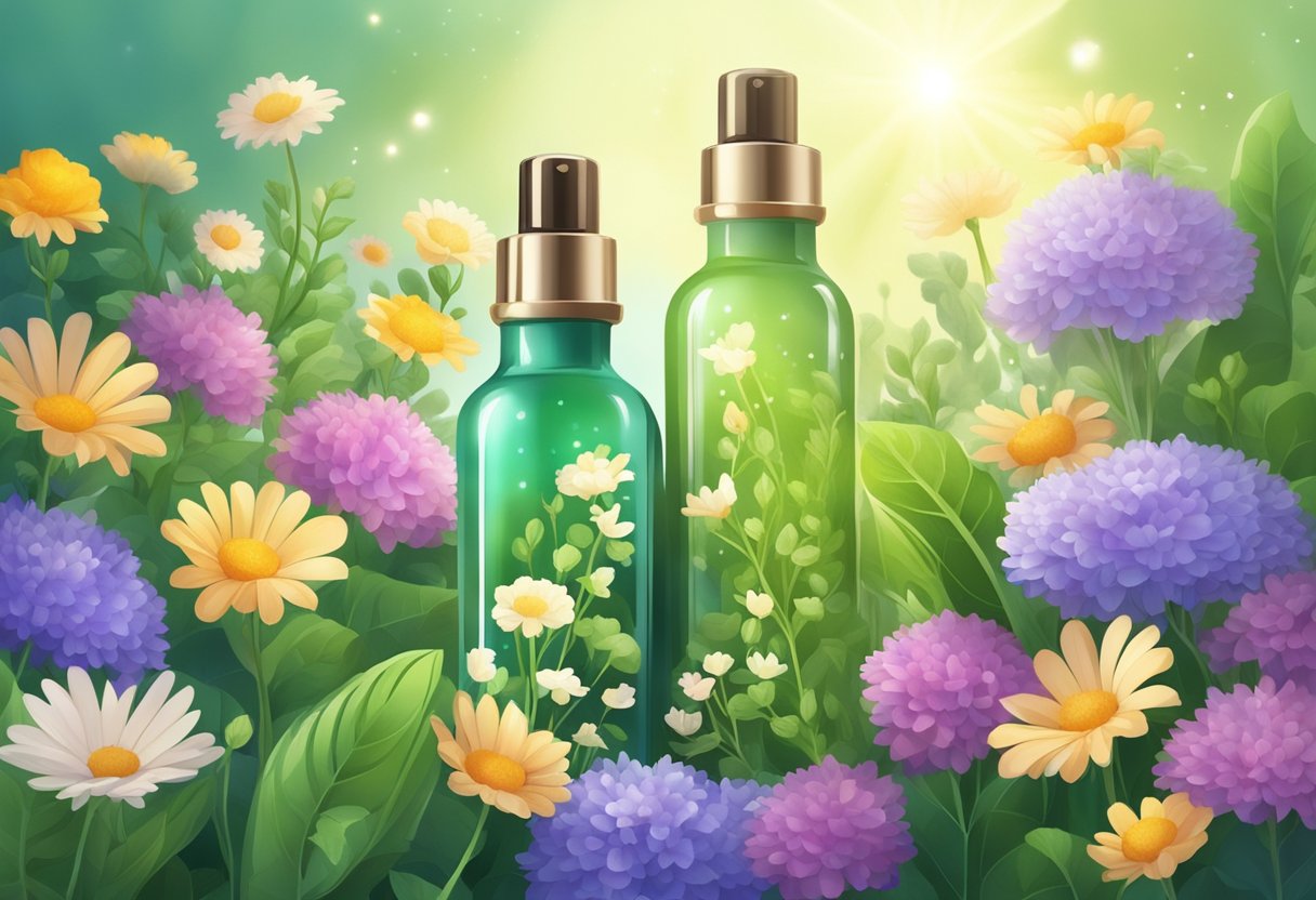 A bottle of hair growth serum surrounded by fresh herbs and flowers, with rays of sunlight shining down on it
