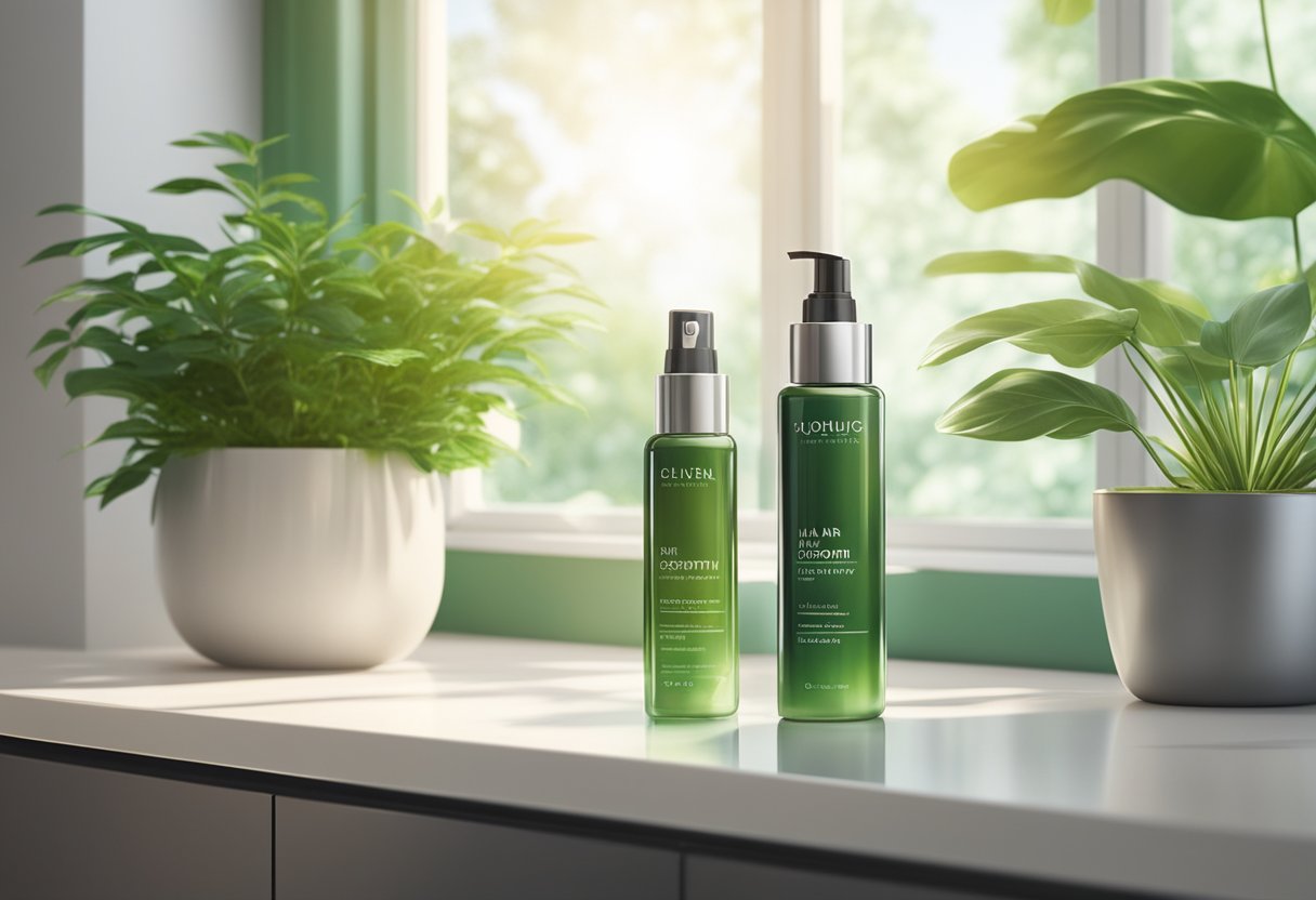 A bottle of hair growth serum sits on a sleek countertop, surrounded by lush green plants and natural light streaming in from a window