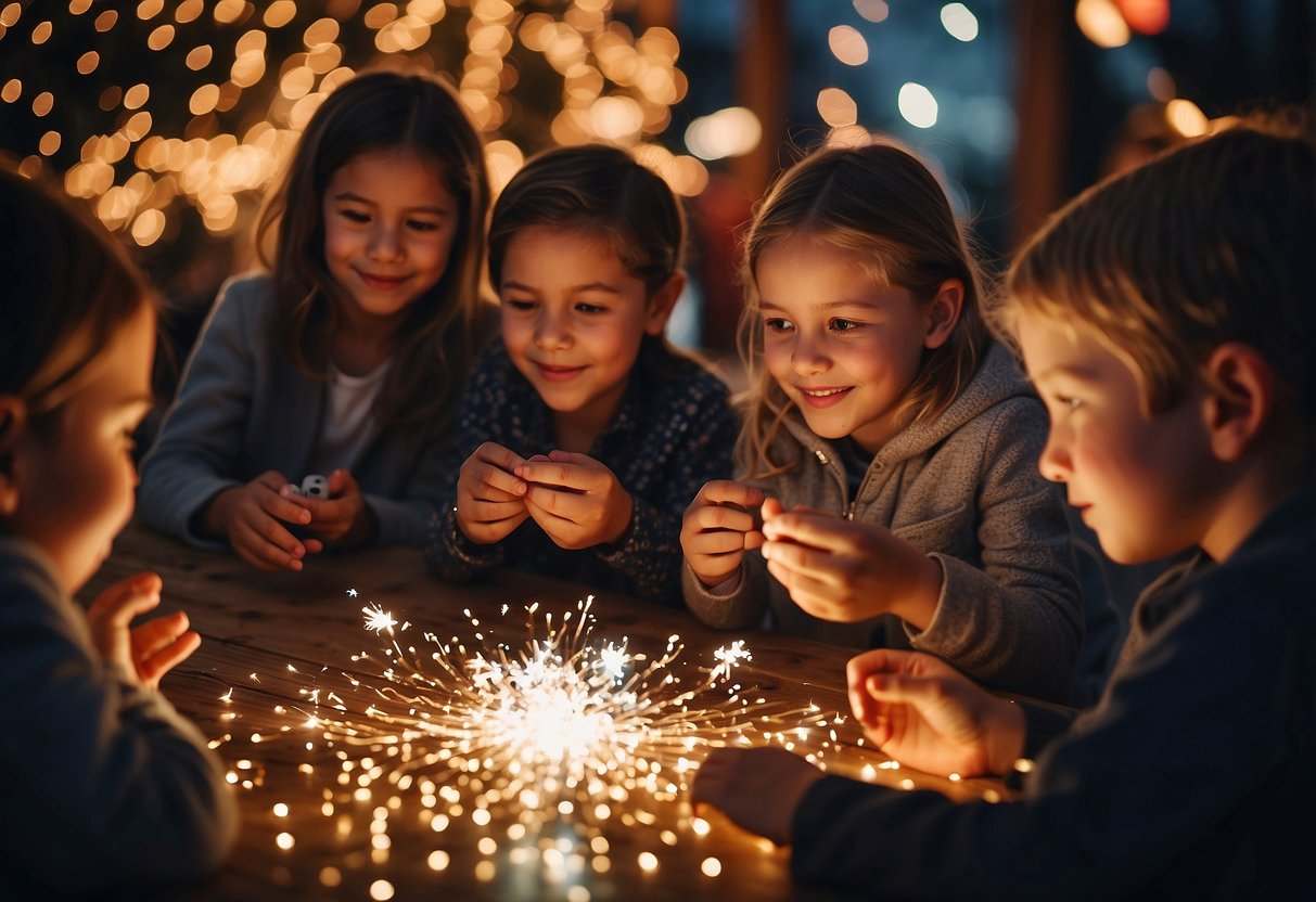 Children playing games, making crafts, and watching fireworks at a New Year's Eve party