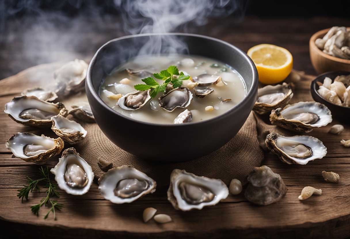 A steaming bowl of dried oyster soup sits on a rustic wooden table, surrounded by scattered oyster shells and a hint of steam rising from the surface