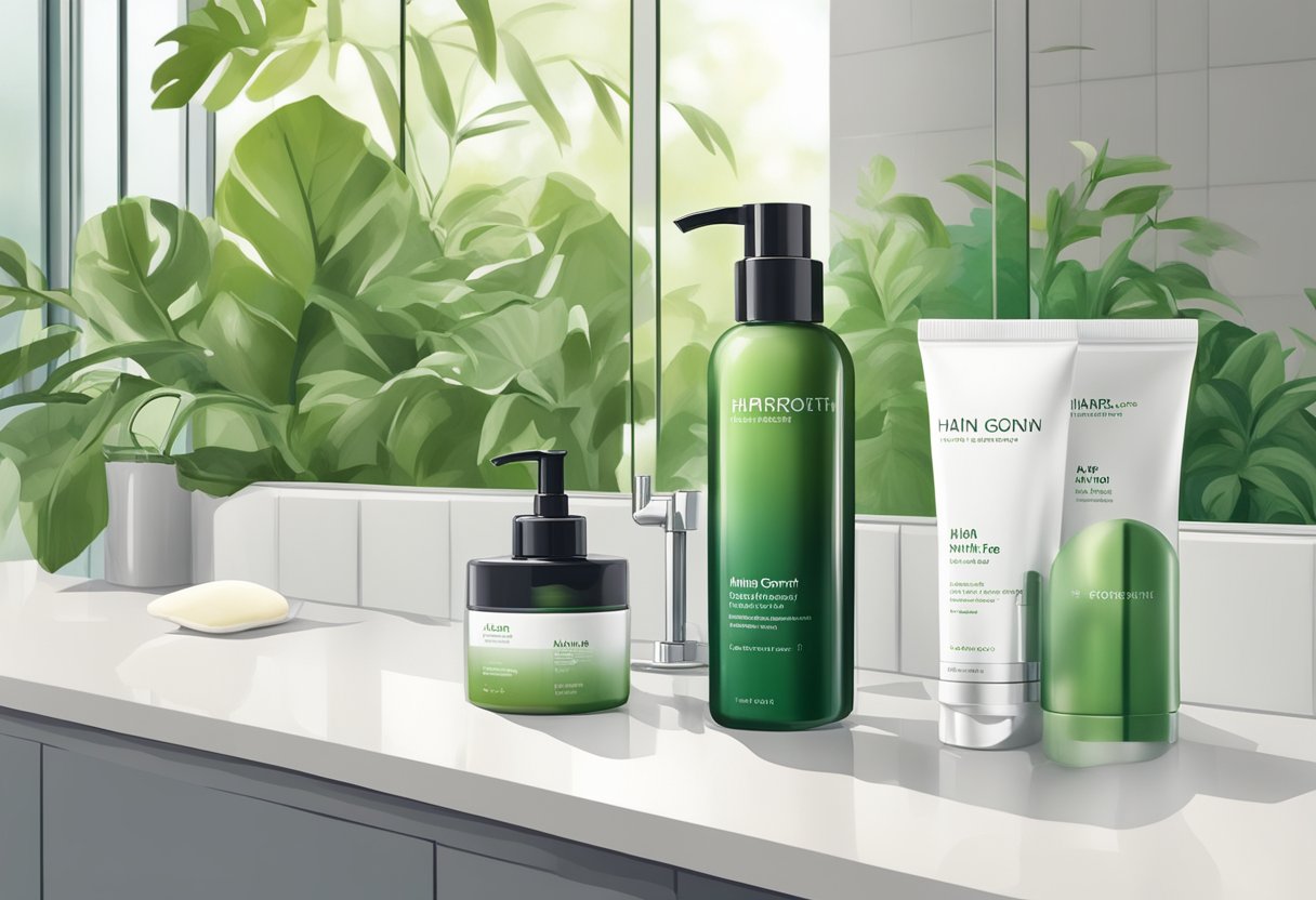 A bottle of hair growth serum sits on a bathroom counter, surrounded by various hair care products and a mirror reflecting a lush green garden