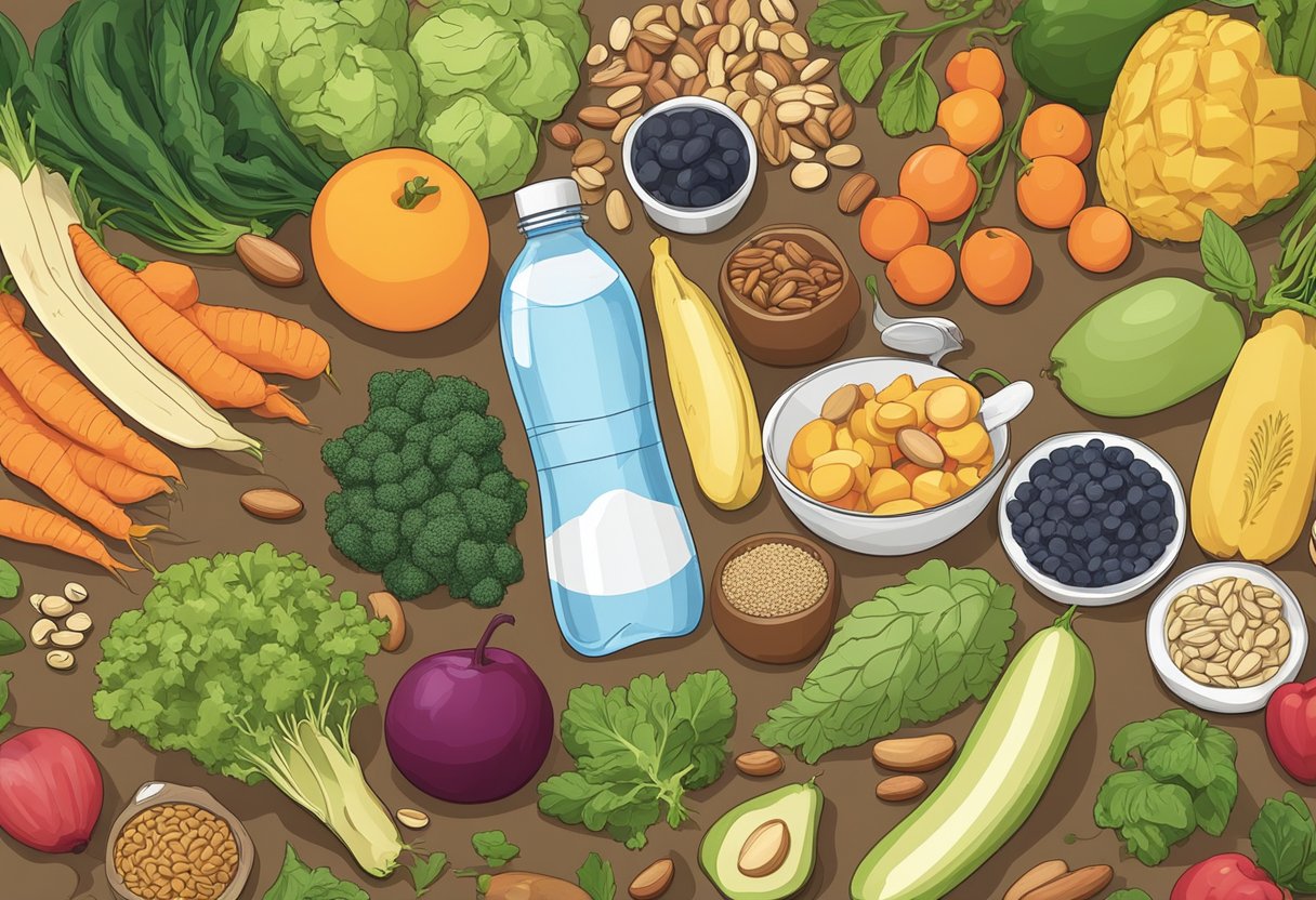 A variety of nutrient-rich foods arranged on a table, including fruits, vegetables, nuts, and seeds, with a bottle of water and a hair growth supplement